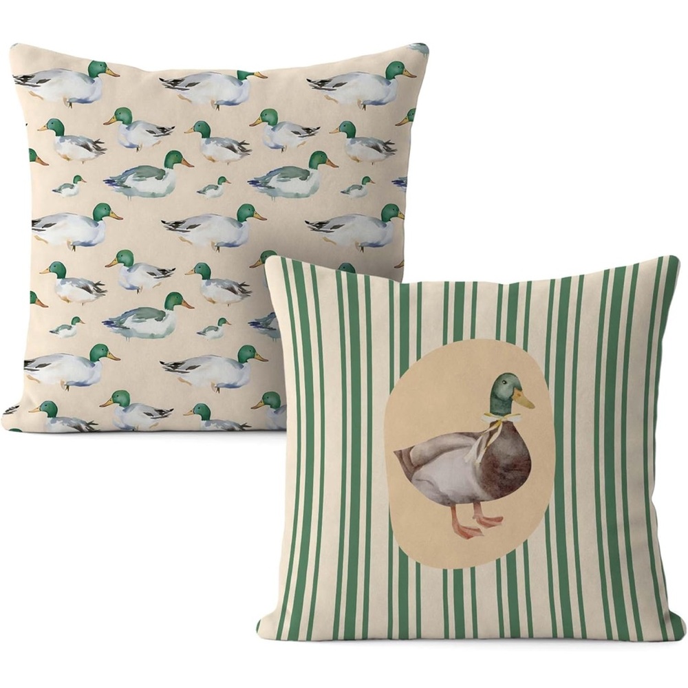 2 Duck Print Decorative Throw Pillow Covers in Cream & Green